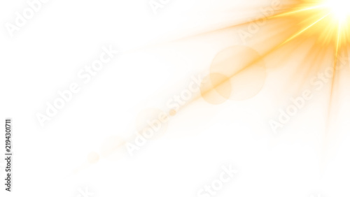 Golden sun lens flare effect on transparent background. Bright light beam overlay for photography and design