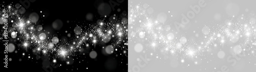 Silver glitter bokeh wave with sparkling stars. Magical dust particles on black and transparent background