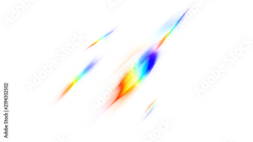 Abstract light refraction overlay with rainbow prism flares. Isolated lens flare effect on transparent background