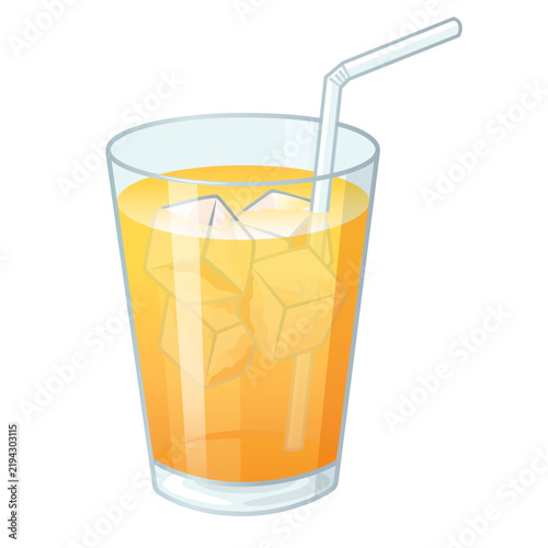 Orange juice vector illustration with ice cubes and straw