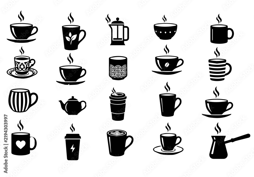 Obraz premium Various Coffee and Tea Cups: A collection of simple black and white graphic icons representing a variety of coffee cups, tea cups, mugs, and a French press, each with steam rising.