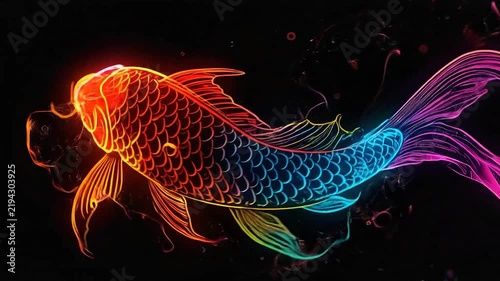 Stylized neon koi fish swimming with light trails.
