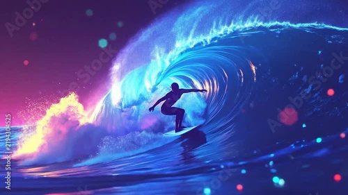 Surfer riding a giant glowing purple and blue wave.
