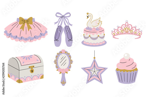 Cute ballerina princess themed objects set with tutu ballet shoes tiara and sweet treats