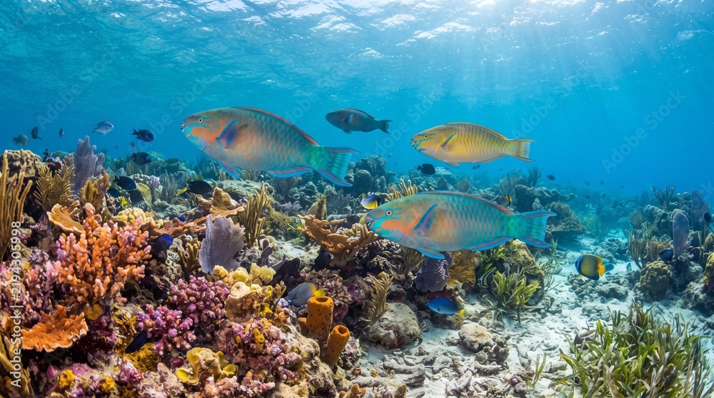Fototapeta premium Coral reef ecosystem and parrotfish underwater photo. Colorful marine life in clear tropical ocean waters. Vibrant corals and swimming fish. Marine biodiversity concept photography