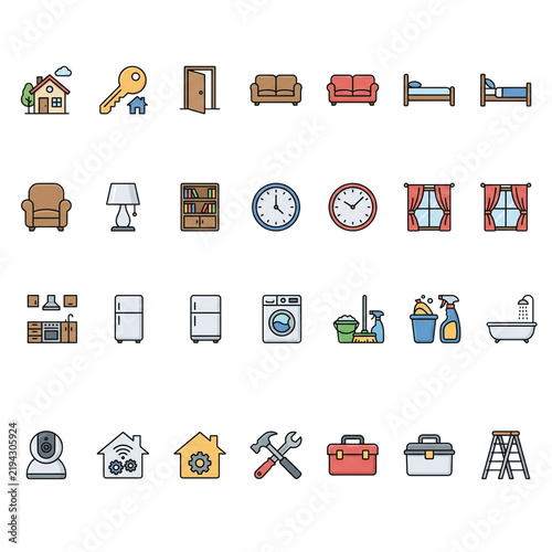 Home and Smart Household Icon Set - Interior & Property Maintenance Vector Icons A modern set of 20 vector line icons covering home living, smart home devices, interior furniture, and household 
