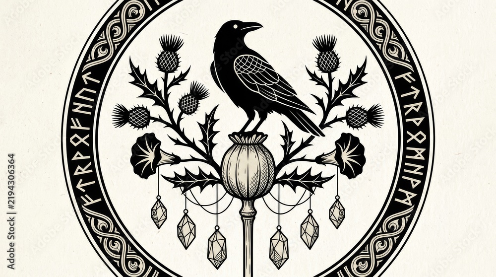 Obraz premium Circular rune-border emblem of raven on poppy with thistles and gems
