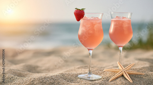 Two elegant cocktails with strawberries on the rim served in tall glasses on sandy beach, with ocean waves and sunset in the background
