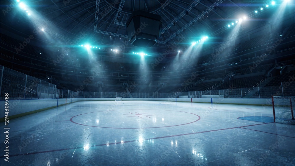 Fototapeta premium Empty ice hockey arena with bright spotlights illuminating the rink