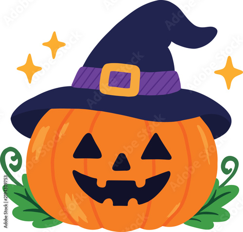 Cute Halloween Pumpkin Vector Illustration, Jack O Lantern Wearing Witch Hat Flat Design