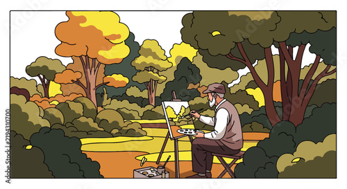 Old man paints outdoors in a wooded park with autumn colors
