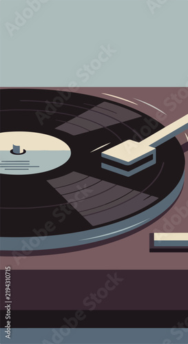 Close-up of a vinyl record player with arm raised