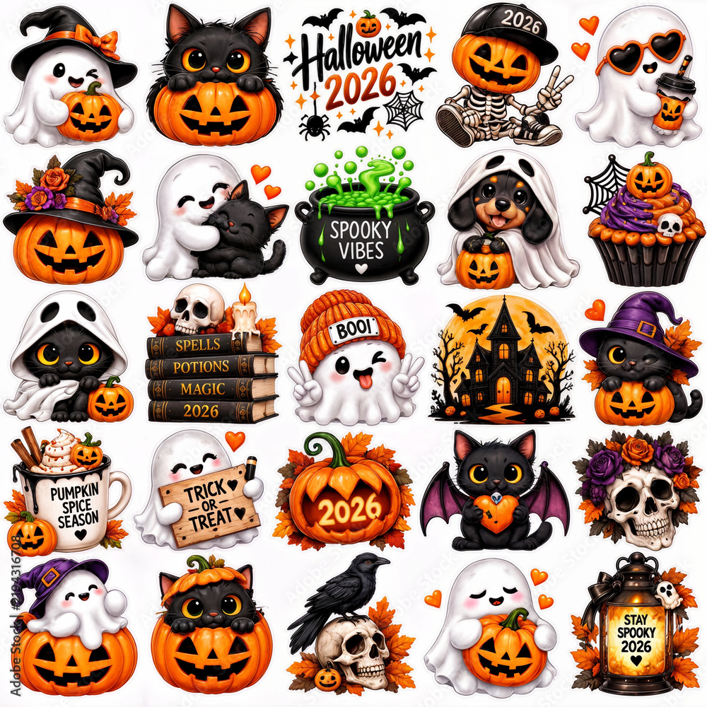 Fototapeta premium Halloween 2026 Cute Sticker Set with Pumpkins, Ghosts, Black Cats, Witches, Skeletons, Bats, Haunted House and Spooky Characters