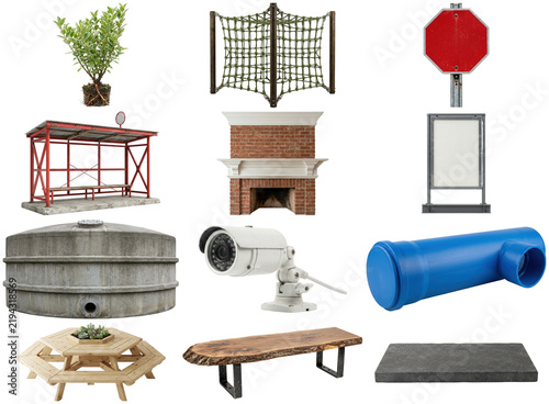 A mixed collection of urban outdoor fixtures, architectural elements, seating, signage, and utility objects isolated in a clean arrangement.