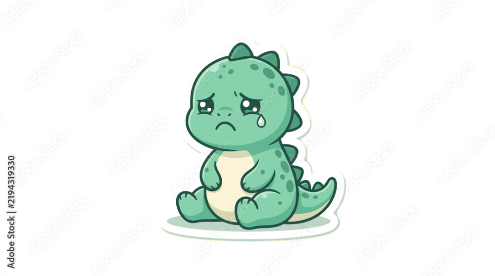 Obraz premium A cute, light green cartoon dinosaur sitting down and crying with a single tear rolling down its face