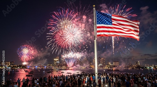 Crowd celebrates july fourth fireworks display with american flag in urban waterfront setting at night