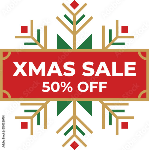 Christmas Sale Promotion Badge with Decorative Snowflake Pattern and Geometric Red Banner for Seasonal Retail Marketing and Holiday Discounts