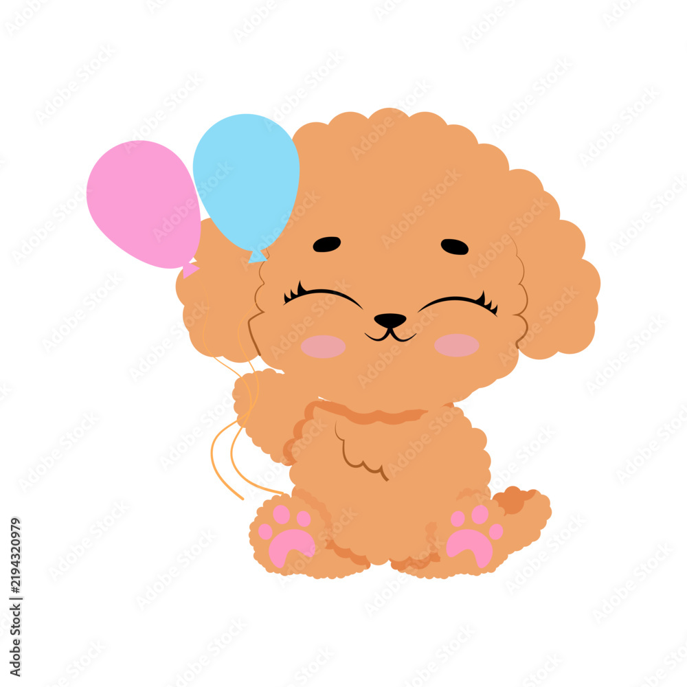 Fototapeta premium Cute fluffy poodle dog isolated on white background. Adorable brown puppy character illustration for kids design, pet care, animal cards, sticker set and children pattern design
