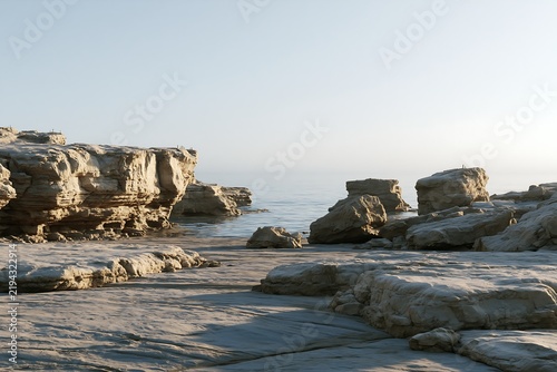 Jagged limestone rock formations along a calm sea shore with smooth stone surfaces and clear horizon line under a bright morning sun light