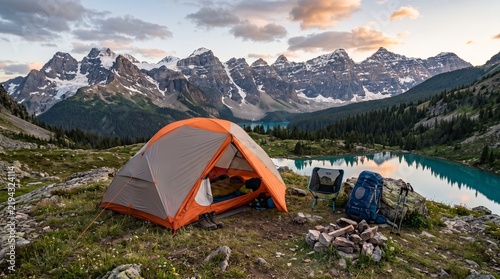 Orange camping tent pitched beside alpine lake in rugged mountain wilderness with clear copy space
