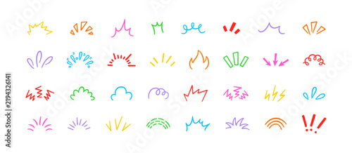 Doodle manga comic expression elements. Hand drawn shine sunburst ray. Doodle cartoon sparkle signs. Emotion effect design element. Sketch burst icon. Vector illustration isolated on white background.