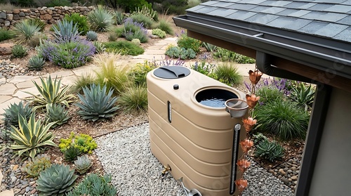 Rainwater harvesting tank in a drought tolerant desert garden.