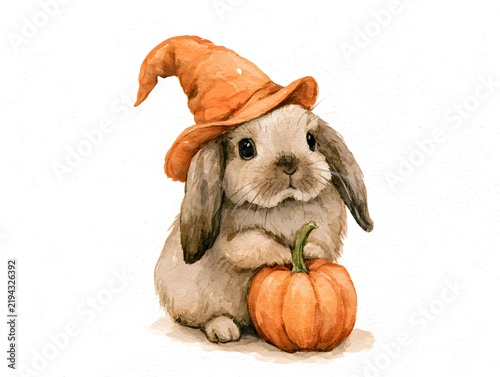 Cute watercolor bunny wearing a witch hat holding a small pumpkin