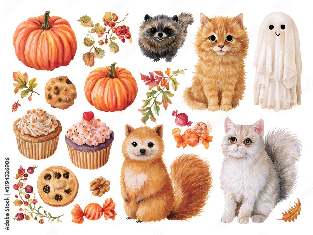 Obraz premium Cute watercolor autumn collection with pumpkins, cats, animals, and sweets
