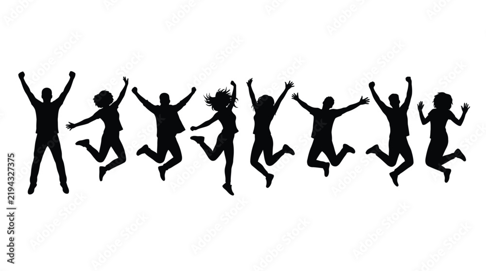 Fototapeta premium Silhouette of jumping people arranged in a horizontal line against a white background silhouettes figure