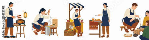 Set of flat vector illustrations depicting people cooking and selling traditional Asian street food and drinks in a marketplace setting.