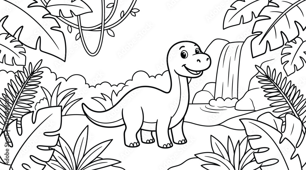 Obraz premium Cute Dinosaur Coloring Page With Waterfall Jungle Background Vector Line Art