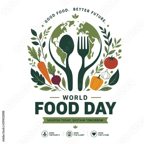 World Food Day T-Shirt Design with Global Fork and Spoon, Fresh Organic Vegetables and Sustainable Food Concept