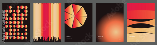 Abstract vector poster set, five modern graphic designs with gradient orange and red colors, geometric shapes, circles, stripes, and blurred elements on dark backgrounds