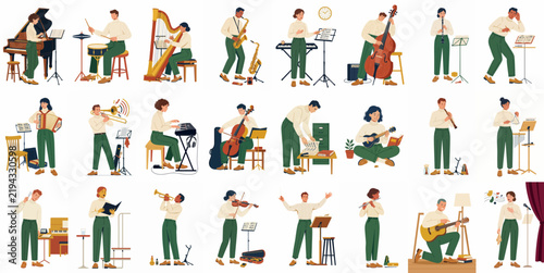 Obraz na płótnie Diverse Collection of Flat Design Illustrations Depicting Musicians Playing Various Classical and Modern Musical Instruments in an Orchestral Ensemble Style