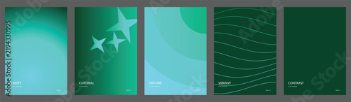 Abstract green gradient vector backgrounds, modern minimalist design, set of 5 unique vertical templates for posters, covers, and branding