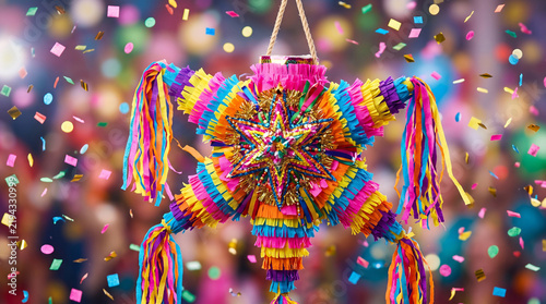 Colorful Star Pinata with Confetti for Mexican Fiesta Celebration