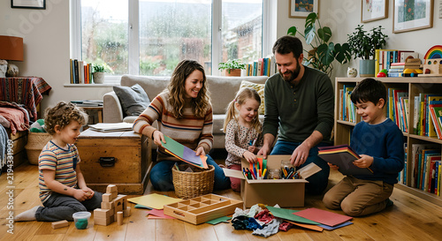 Family Organizing Children's Craft Supplies Together at Home