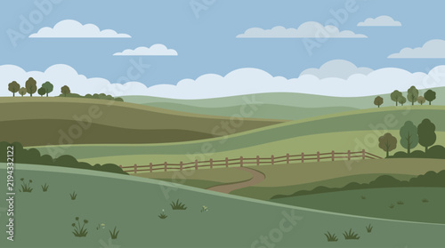 Rolling green hills under a cloudy sky with a wooden fence and path serene landscape concept flat illustration style