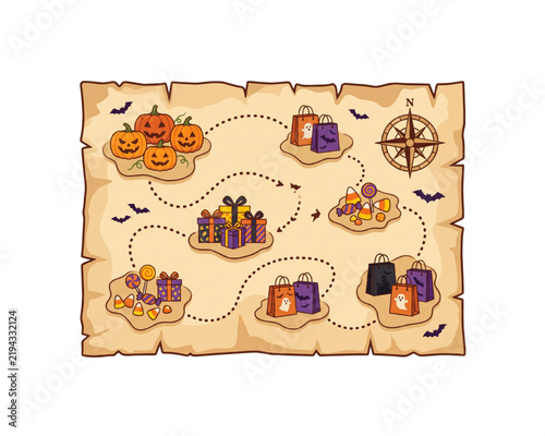 Haunted Halloween Treasure Map On Aged Parchment With Dotted Route, Jackolantern Stops, Candy And Gift Icons, Shopping Bags, Bats, Compass Rose, Cartoon Illustration Isolated