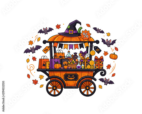 Pumpkin Market Cart With Witch Hat Candy Gifts Shopping Bags Sale Tags Bats Ghosts Potions Coins And Autumn Leaves Festive Trick Or Treat Shop Illustration