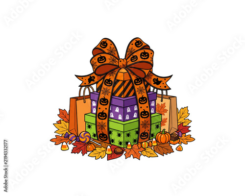 Halloween Gift Bow With Pumpkin Ribbon, Colorful Present Boxes, Candy, Spooky Ghosts, Bats, Spiderwebs And Autumn Leaves, Festive Holiday Shopping Illustration For Cards, Posters, Packaging
