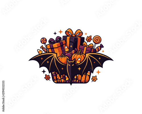 Bat Wings Halloween Gift Bundle With Pumpkins, Candy Corn, Lollipops And Wrapped Presents, Spooky Autumn Night Cartoon Sticker Clipart Isolated On Transparent Background