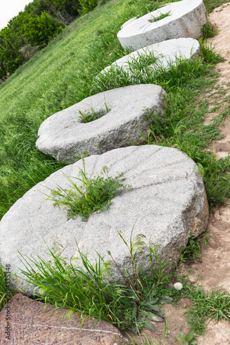 Obraz na płótnie Ancient stone millstones among green grass at near the Burana Tower in Kyrgyzstan