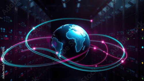Global network concept. Earth surrounded by glowing rings within server room environment. Digital connections visible. Futuristic technology illustration.