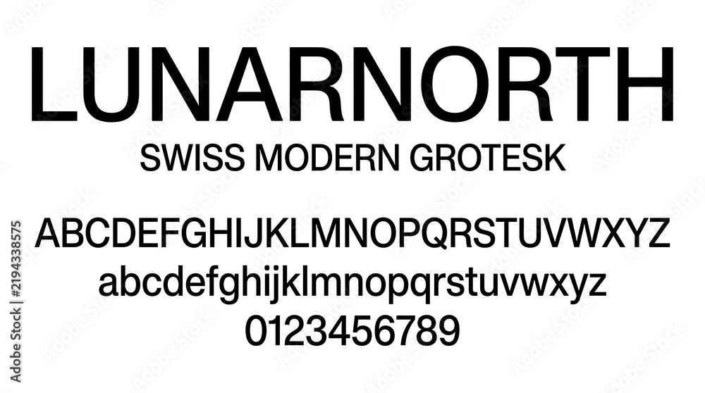 Fototapeta premium Modern Swiss Grotesk Sans Serif Font Specimen with Alphabet and Numbers