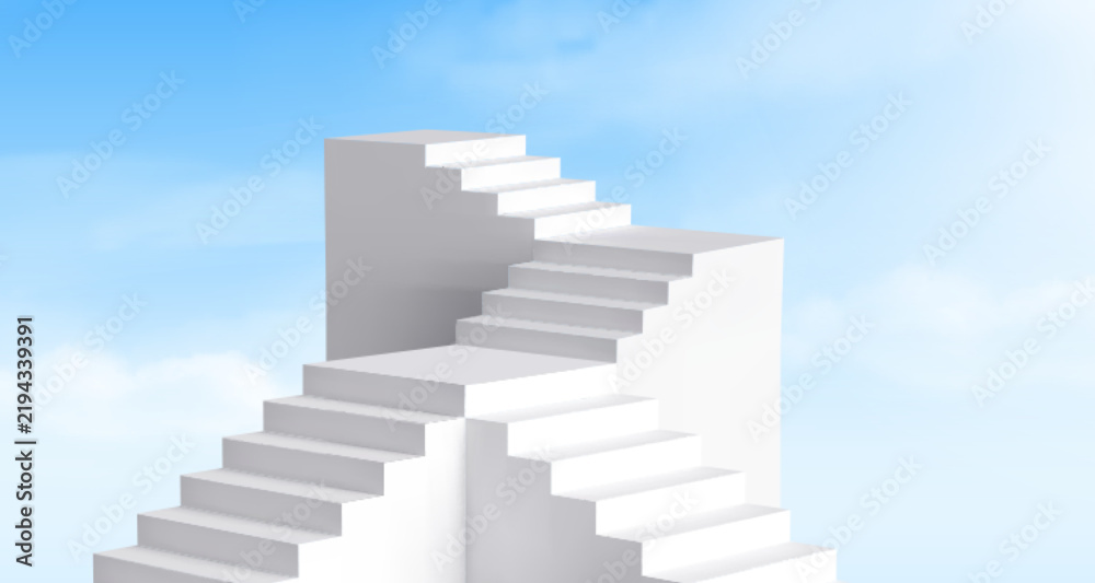 Obraz premium White 3D staircase podium against blue sky background. Vector realistic illustration of abstract multi-level stairs product presentation, heavenly backdrop with light clouds, personal growth concept