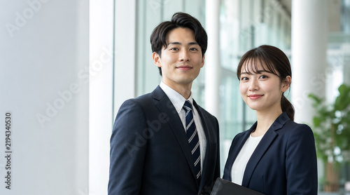 Plakat スーツを着用しカメラ目線で立ち並ぶ信頼感のある男女のビジネスパーソン