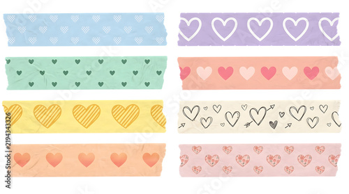Colorful washi tape collection featuring repeating heart patterns in pink, purple, blue, green yellow and peach tones