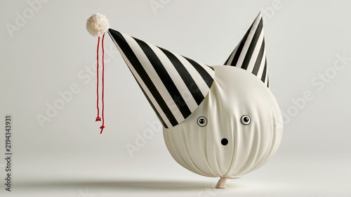 Whimsical New Year photo. Party hat sliding over balloon face, balloon surprised, bright white wall.