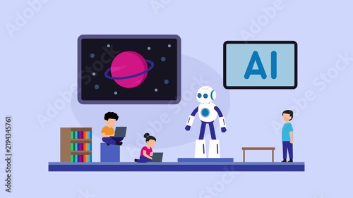 Children learning STEM and AI robotics in modern classroom cartoon animation